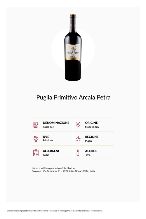 Confezione 6 bottiglie Puglia Primitivo Arcaia Petra