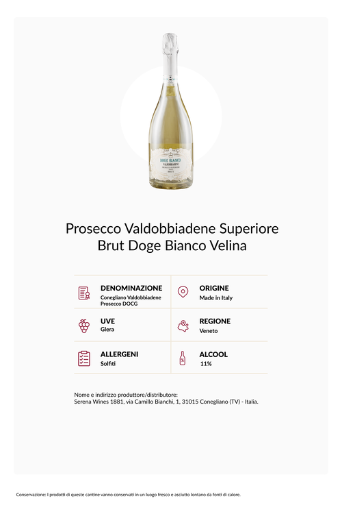 Confezione 6 bottiglie Prosecco Valdobbiadene Superiore Brut Doge Bianco Velina